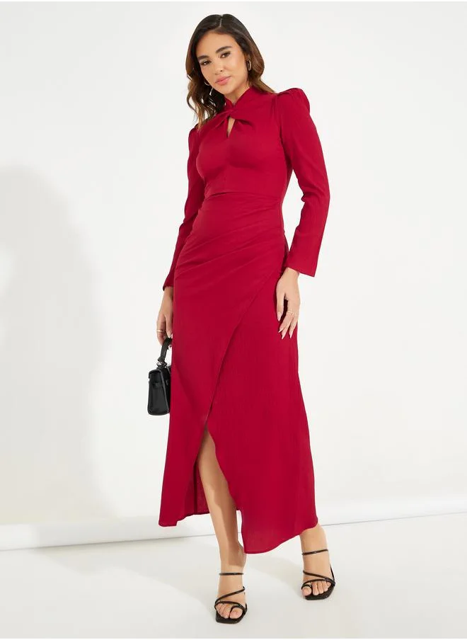 Styli Solid Mock Wrap Front Slit Maxi Dress