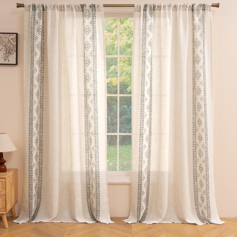 ColorBird Boho Linen Curtains for Living Room 84 Inches Long 2 Panels Black and White Bohemian Western Window Treatment Geometric Patterned Drapes for Bedroom Dining Room Kitchen Boho Chic Decor - Image 1