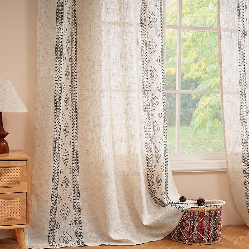 ColorBird Boho Linen Curtains for Living Room 84 Inches Long 2 Panels Black and White Bohemian Western Window Treatment Geometric Patterned Drapes for Bedroom Dining Room Kitchen Boho Chic Decor - Image 4