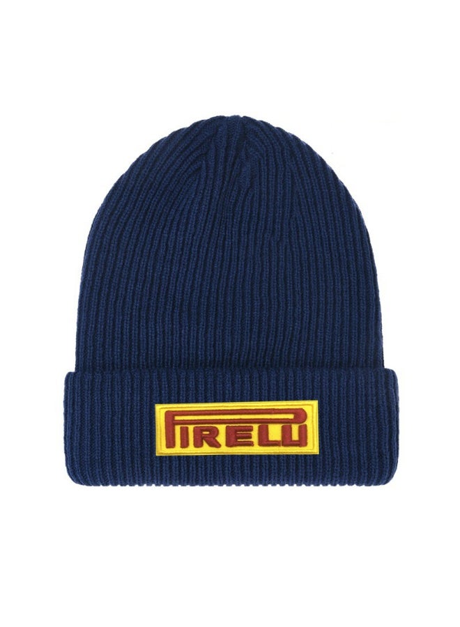 Pirelli Navy Ribbed Knit Beanie – Stylish Warm Winter Hat with Iconic Logo Patch 615Size