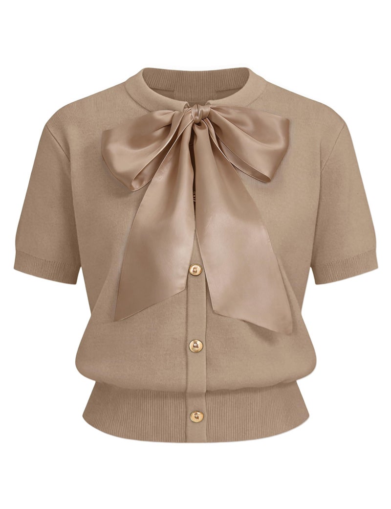Yeokou Women's Satin Bow Short Sleeve Knit Cardigan Metal Button Crew Neck Casual Sweater Top for Office Casual Daily(Khaki-S) - Image 1