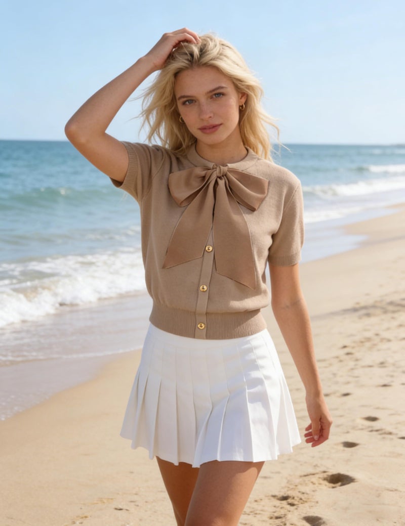 Yeokou Women's Satin Bow Short Sleeve Knit Cardigan Metal Button Crew Neck Casual Sweater Top for Office Casual Daily(Khaki-S) - Image 2