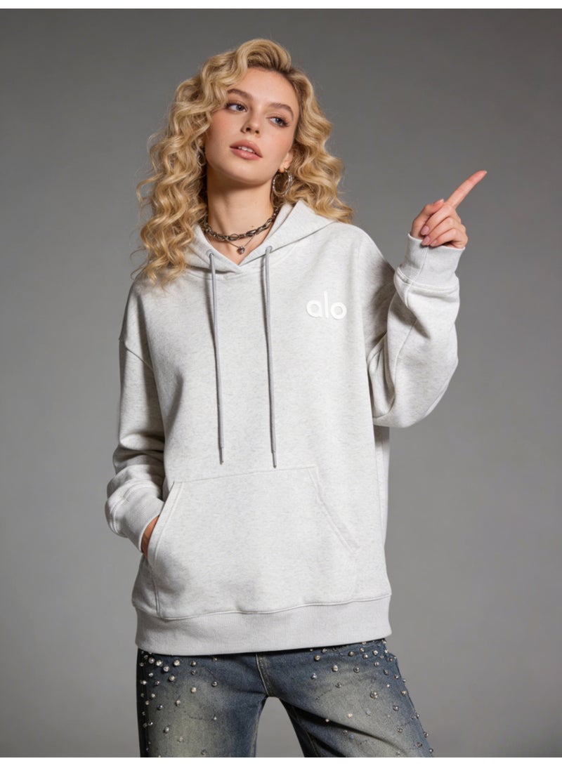 Alo World Men's and Women's Plus Size Grey Hoodie - Simple Logo and Kangaroo Pocket Soft Fabric Hoodie, unisex - Image 4