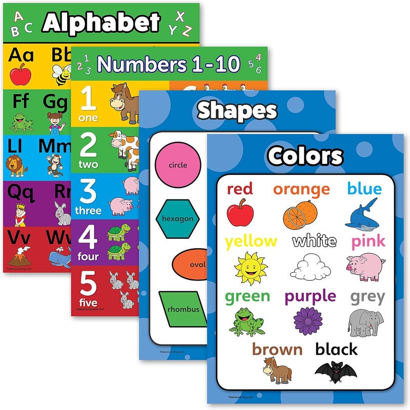 Palace Learning 4 pack - ABC Alphabet + Numbers 1-10 + Shapes + Colors Poster Set - Toddler Educational Charts (LAMINATED, 18" x 24") - Image 1