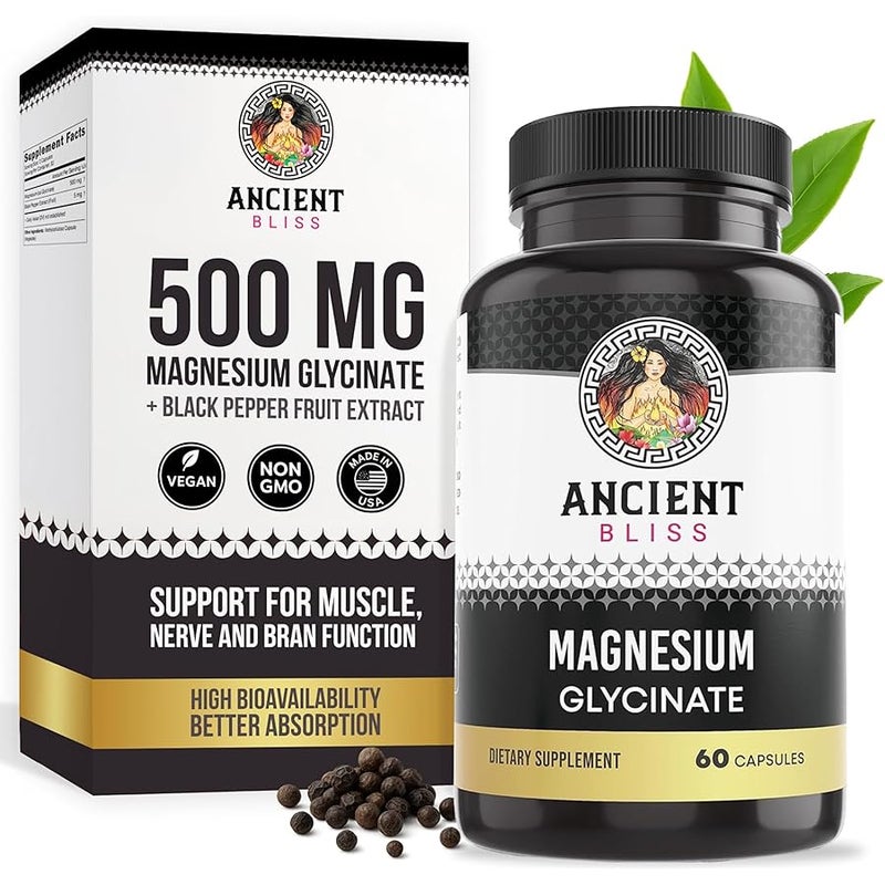 أنشنت_بليس Ancient Bliss Magnesium Glycinate for Muscles & Nerves, Digestive & Immune Support Supplement, Magnesium Supplement for Women & Men (60 Capsules) - Image 1