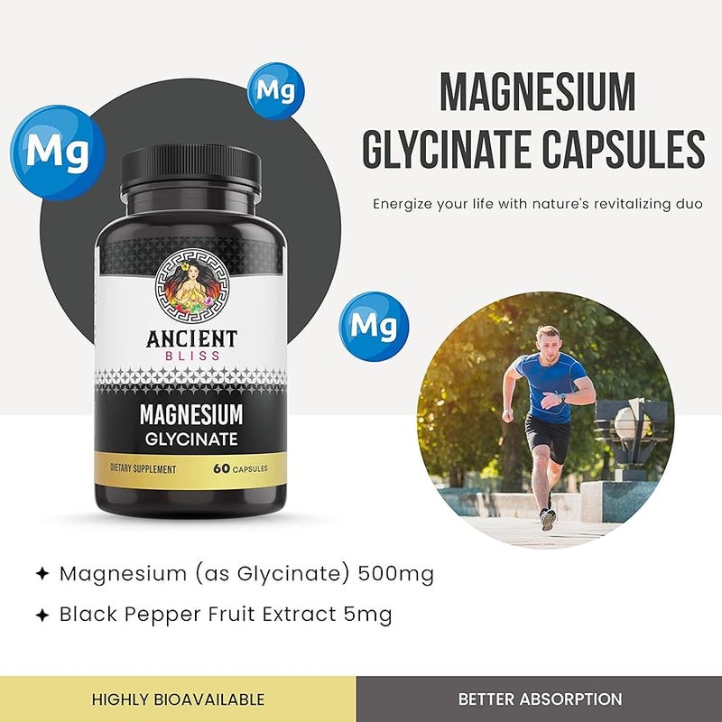 أنشنت_بليس Ancient Bliss Magnesium Glycinate for Muscles & Nerves, Digestive & Immune Support Supplement, Magnesium Supplement for Women & Men (60 Capsules) - Image 2