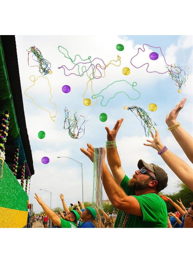 PullCrease 200 Pcs Mardi Gras Parade Throw Bulk Mardi Gras Purple Green Gold Beads Necklaces Plastic Coins Bouncy Balls Alligator Party Favors for Carnival St Patrick Day Celebrations - Image 3
