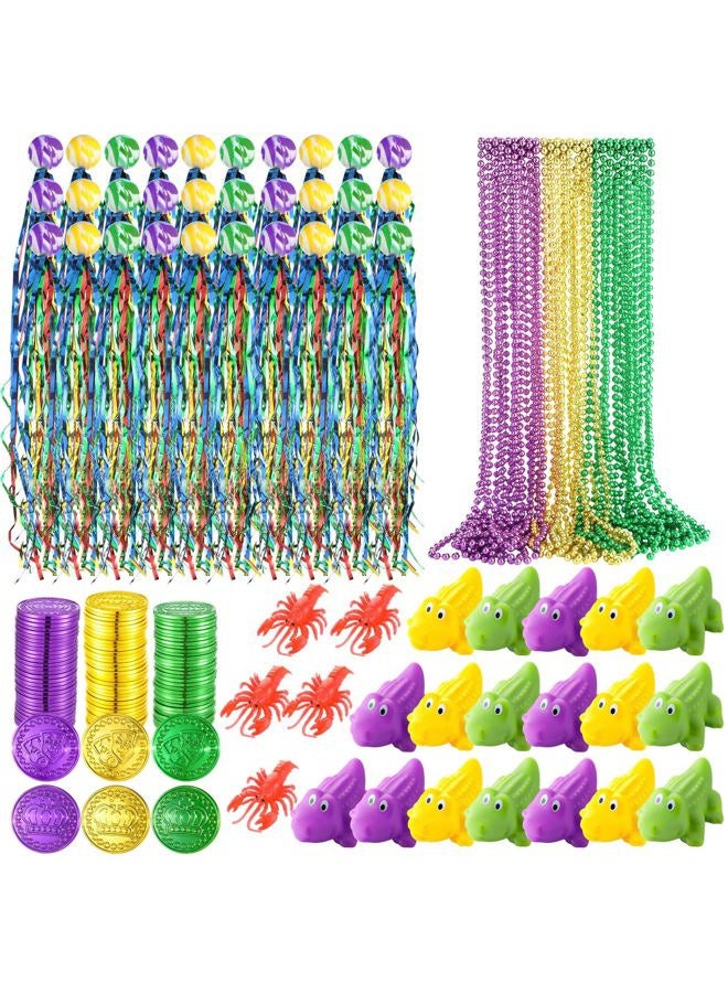 PullCrease 200 Pcs Mardi Gras Parade Throw Bulk Mardi Gras Purple Green Gold Beads Necklaces Plastic Coins Bouncy Balls Alligator Party Favors for Carnival St Patrick Day Celebrations - Image 1