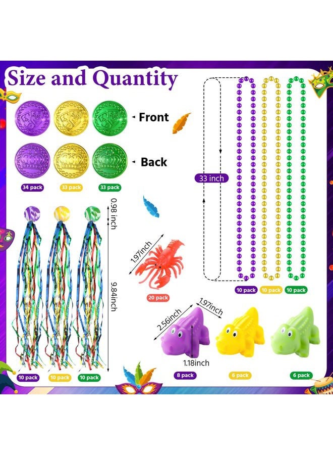 PullCrease 200 Pcs Mardi Gras Parade Throw Bulk Mardi Gras Purple Green Gold Beads Necklaces Plastic Coins Bouncy Balls Alligator Party Favors for Carnival St Patrick Day Celebrations - Image 2