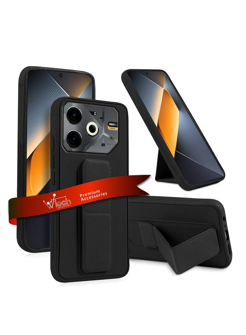 Wtech Tecno Pova 6 4G 2024 Hand Grip Foldable Magnetic Kickstand Wrist Strap Finger Grip With Built-In Iron Case Cover Black