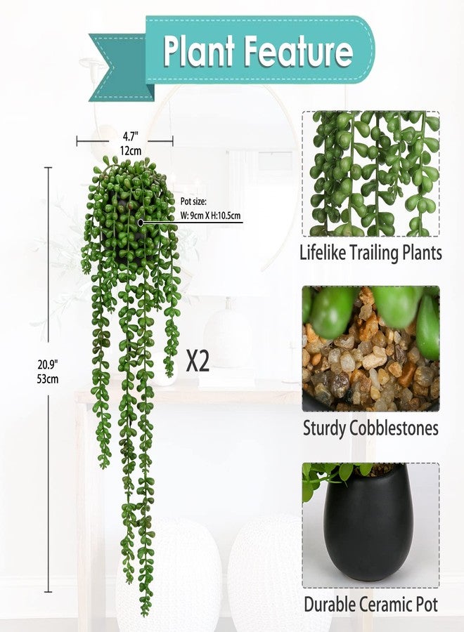 GnFlus Artificial Hanging Plants 2PCS Fake Hanging Plant 21" Long String of Pearls Plants in Black Ceramic Faux Hanging Plant Artificial Decor Home Bedroom Shower Wall Table Shelf - Image 2