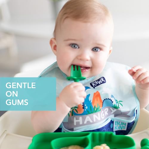 Bumkins Baby Utensils Set, Chewtensils Silicone Spoons for Dipping, Self-Feeding, Baby Led Weaning, Trainer Learning, First Stage Eating, Soft Practice Fork and Spoon, Babies 6 Months, Jade Green - Image 4