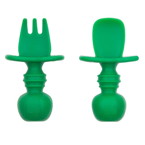 Bumkins Baby Utensils Set, Chewtensils Silicone Spoons for Dipping, Self-Feeding, Baby Led Weaning, Trainer Learning, First Stage Eating, Soft Practice Fork and Spoon, Babies 6 Months, Jade Green - Image 1
