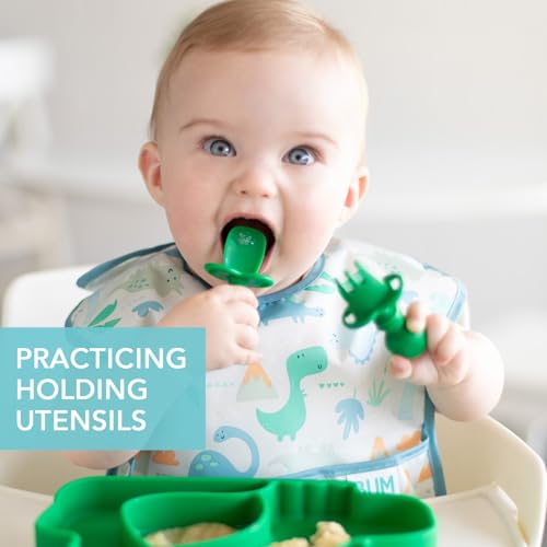 Bumkins Baby Utensils Set, Chewtensils Silicone Spoons for Dipping, Self-Feeding, Baby Led Weaning, Trainer Learning, First Stage Eating, Soft Practice Fork and Spoon, Babies 6 Months, Jade Green - Image 2
