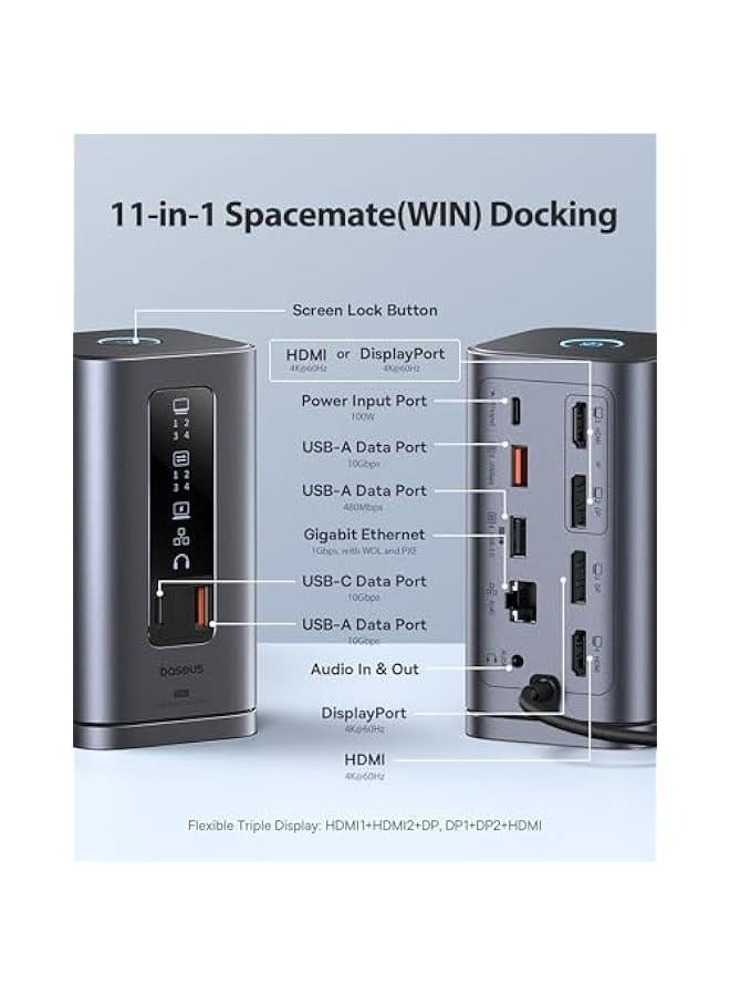Arabest Docking Station, Spacemate(Win) 11 in 1, Triple Display, 4K HDMI and DP, 10Gbps USB A/C Ports, Gigabit Ethernet, 100W PD, Audio, Laptop Docking Station for Windows/Dell/HP/Lenovo/Asus/Acer/Mac - Image 2