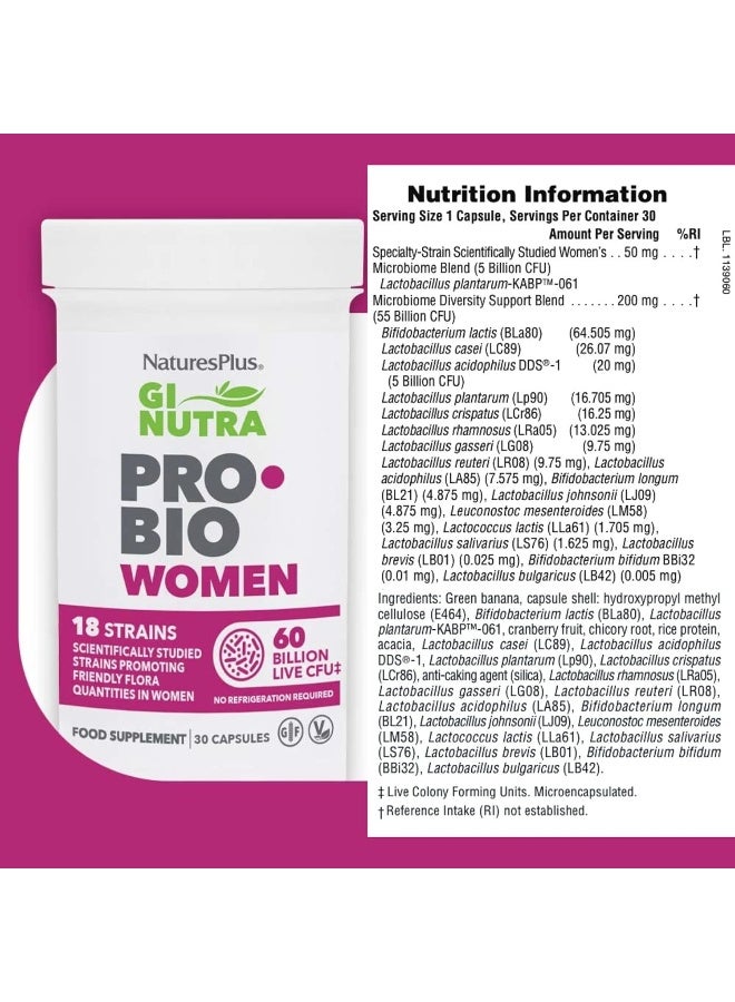 Nature's Plus Gi Natural Pro Biotic Women 60 Billion Cfu Balance And Nourish 18 Strains Gluten Free 30 Capsules - Image 4