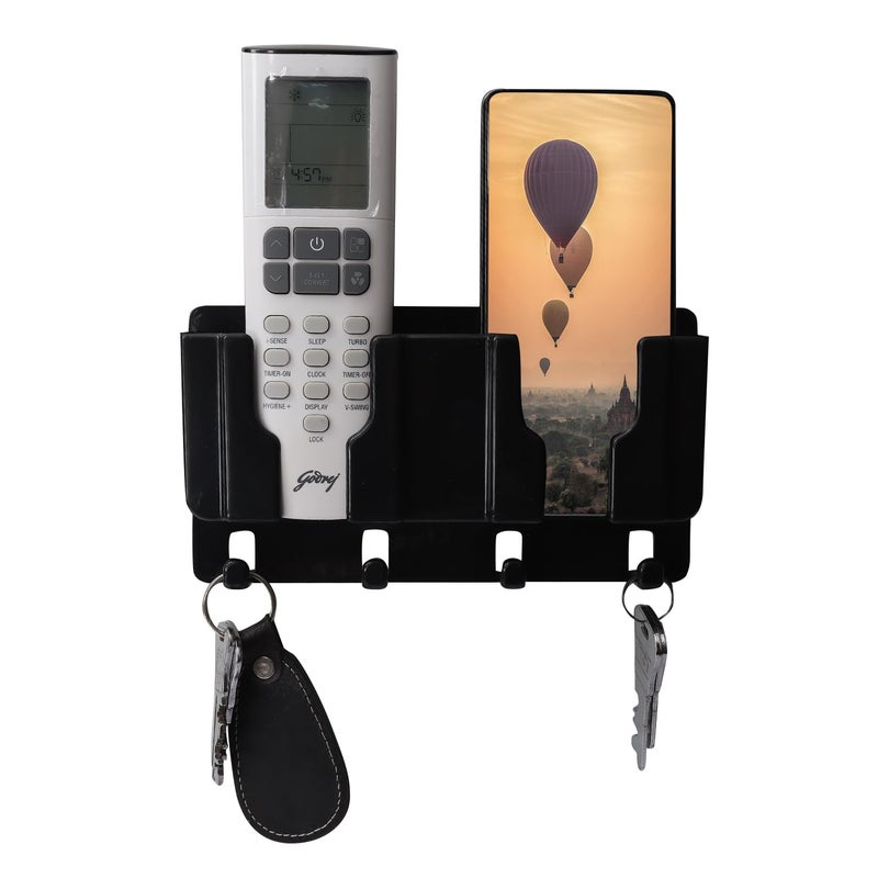 WALLVIEW TECH Plastic Wall Mount Mobile Holder with Remote Control Storage Racks, Key Hanger, Pen Holder Space/Self-Adhesive/Multi Purpose Accessories (Black) - Image 1