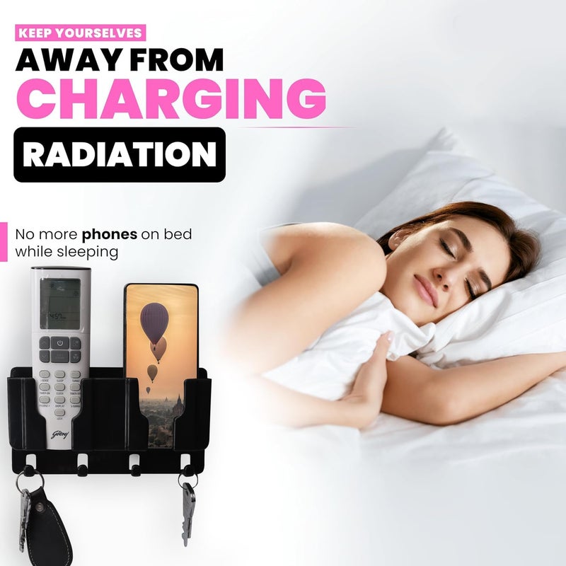 WALLVIEW TECH Plastic Wall Mount Mobile Holder with Remote Control Storage Racks, Key Hanger, Pen Holder Space/Self-Adhesive/Multi Purpose Accessories (Black) - Image 2