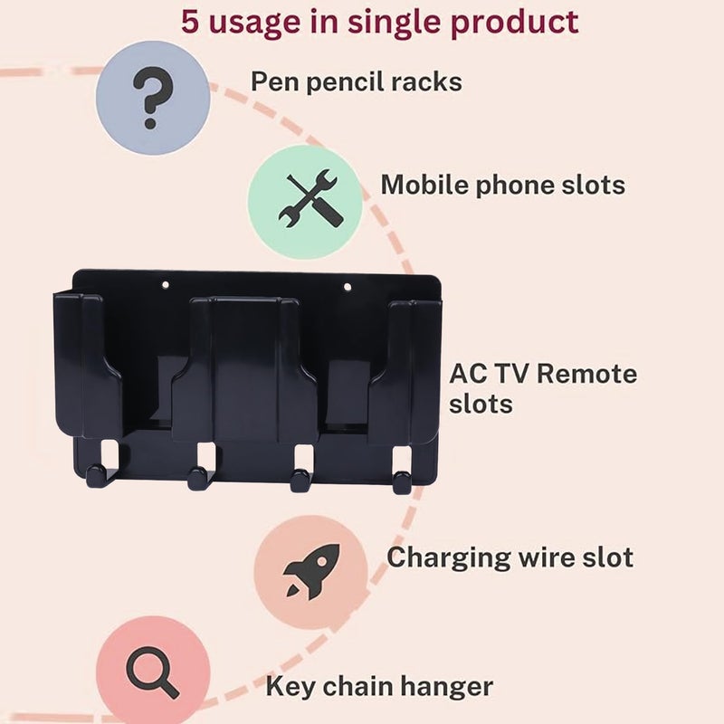 WALLVIEW TECH Plastic Wall Mount Mobile Holder with Remote Control Storage Racks, Key Hanger, Pen Holder Space/Self-Adhesive/Multi Purpose Accessories (Black) - Image 3