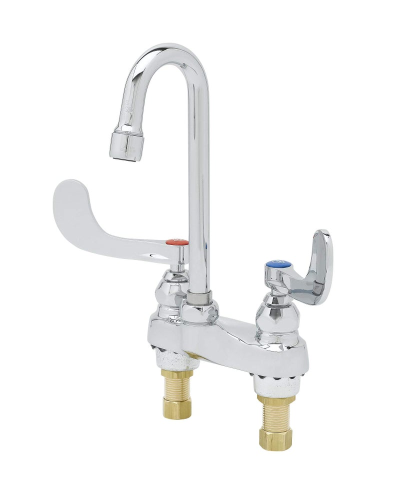 T&S Brass B-0892 Lavatory Medical Faucet with Gooseneck Spout and Wrist Blade Handles. 4" Deck Mount with 2.2 GPM Flow Rate. - Image 1
