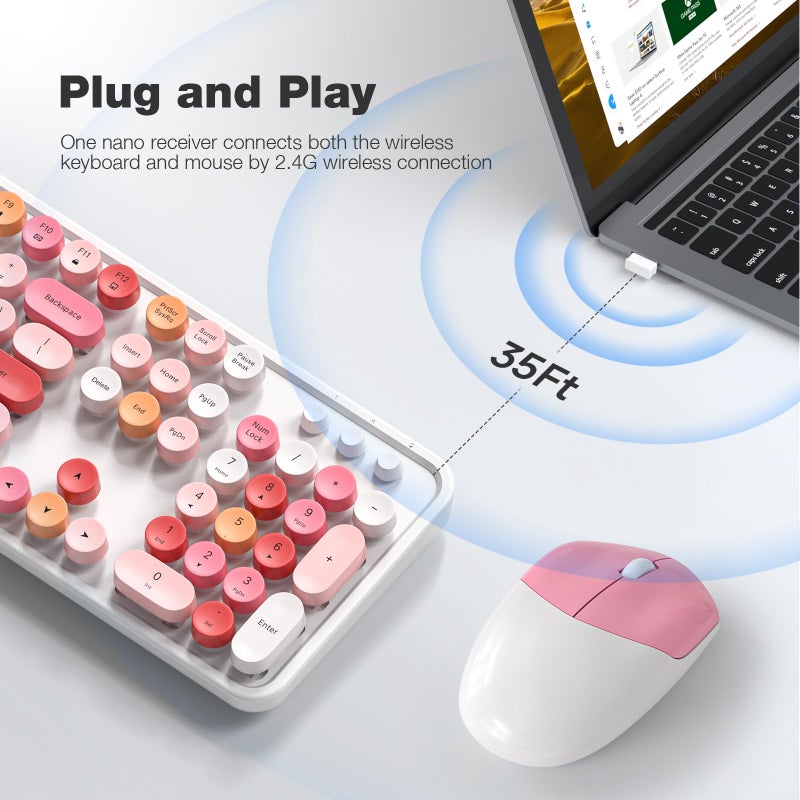 MOWUX Wireless Keyboard and Mouse Combo, MOWUX Full Size Typewriter Retro Round Computer Keyboard, Mouse Wireless, Plug and Play, for Laptop, PC, Computer- White Colorful - Image 2