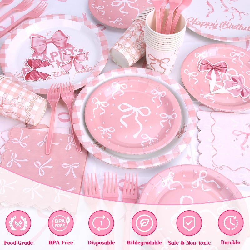 REDWORD Pink Bow Party Decorations, 153Pcs Bow Birthday Party Supplies-Serves 24 with Plates and Napkins Tablecloth and Banner Balloons for Pink Girls Birthday Decorations - Image 3