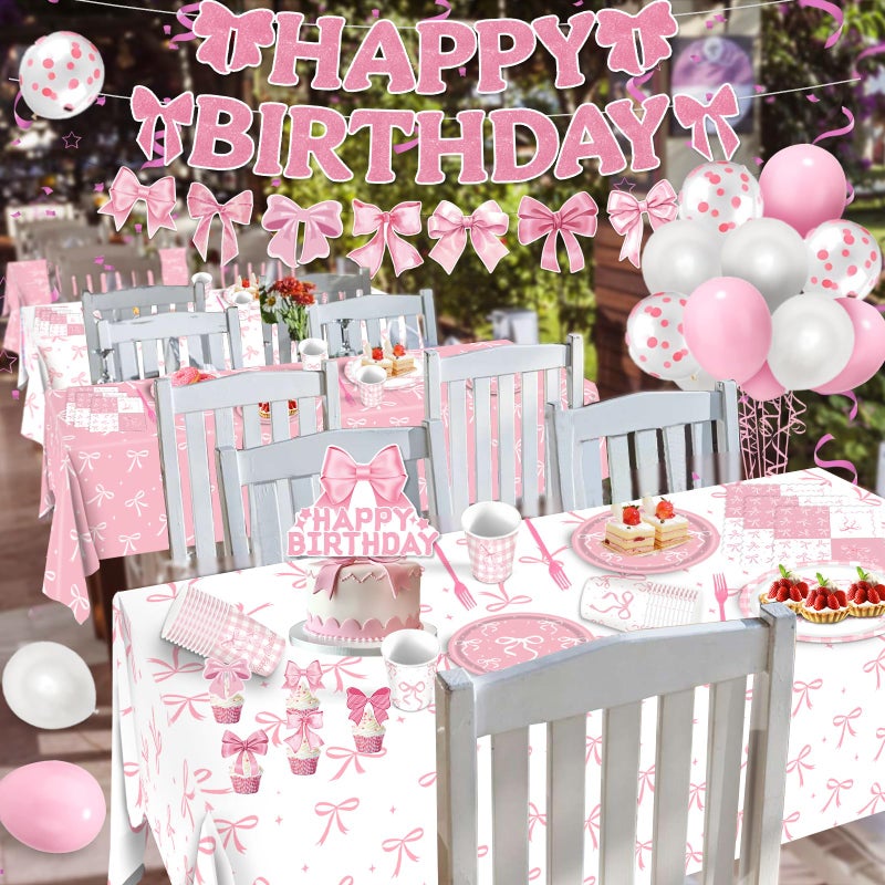 REDWORD Pink Bow Party Decorations, 153Pcs Bow Birthday Party Supplies-Serves 24 with Plates and Napkins Tablecloth and Banner Balloons for Pink Girls Birthday Decorations - Image 5