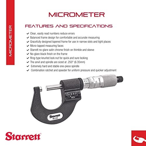 Starrett Digital Micrometer with One-Piece Spindle, Satin Chrome Finish and Tapered Frame - Quick and Easy Adjustment, 0-1" Range, .0001" Graduation - T216XRL-1 - Image 2