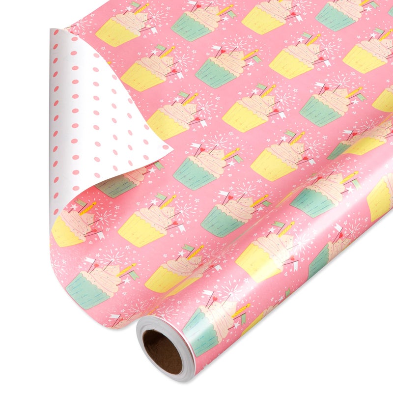 American Greetings 175 sq ft Reversible Wrapping Paper for Birthdays and All Occasions Birthday Cupcakes 1 Roll 30 in x 70 ft