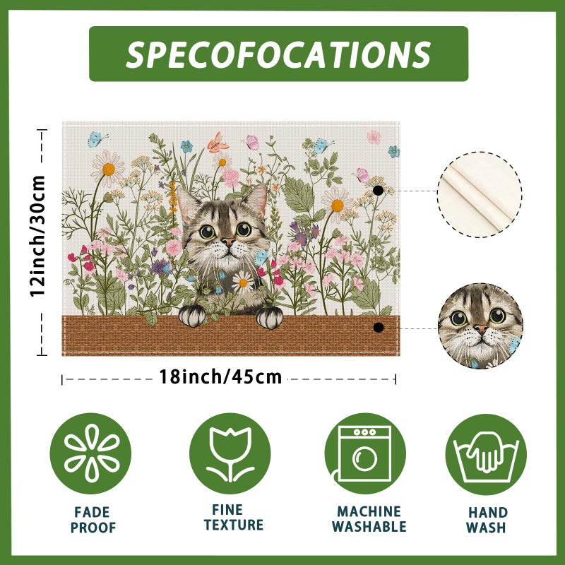 XCHI Wildflowers Cat Daisy Spring Placemats Set of 4 Summer Table Mats for Party Home Kitchen Dining Table Decorations 12x18 Inch - Image 5