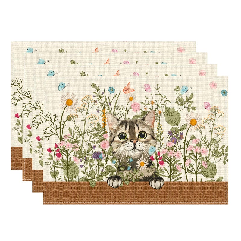 XCHI Wildflowers Cat Daisy Spring Placemats Set of 4 Summer Table Mats for Party Home Kitchen Dining Table Decorations 12x18 Inch - Image 1