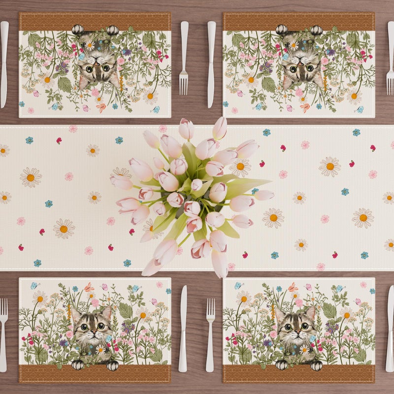 XCHI Wildflowers Cat Daisy Spring Placemats Set of 4 Summer Table Mats for Party Home Kitchen Dining Table Decorations 12x18 Inch - Image 2