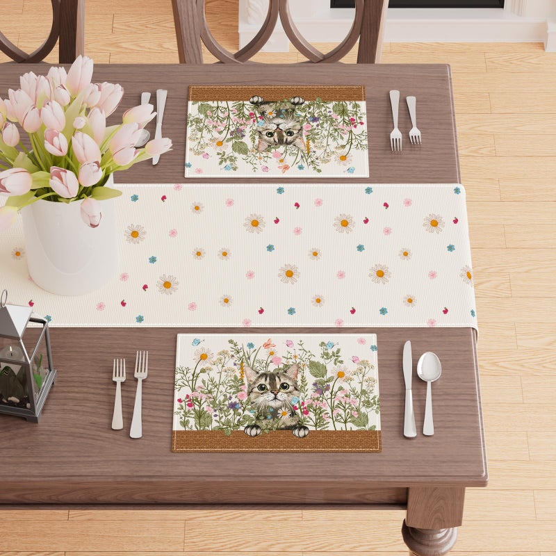 XCHI Wildflowers Cat Daisy Spring Placemats Set of 4 Summer Table Mats for Party Home Kitchen Dining Table Decorations 12x18 Inch - Image 3