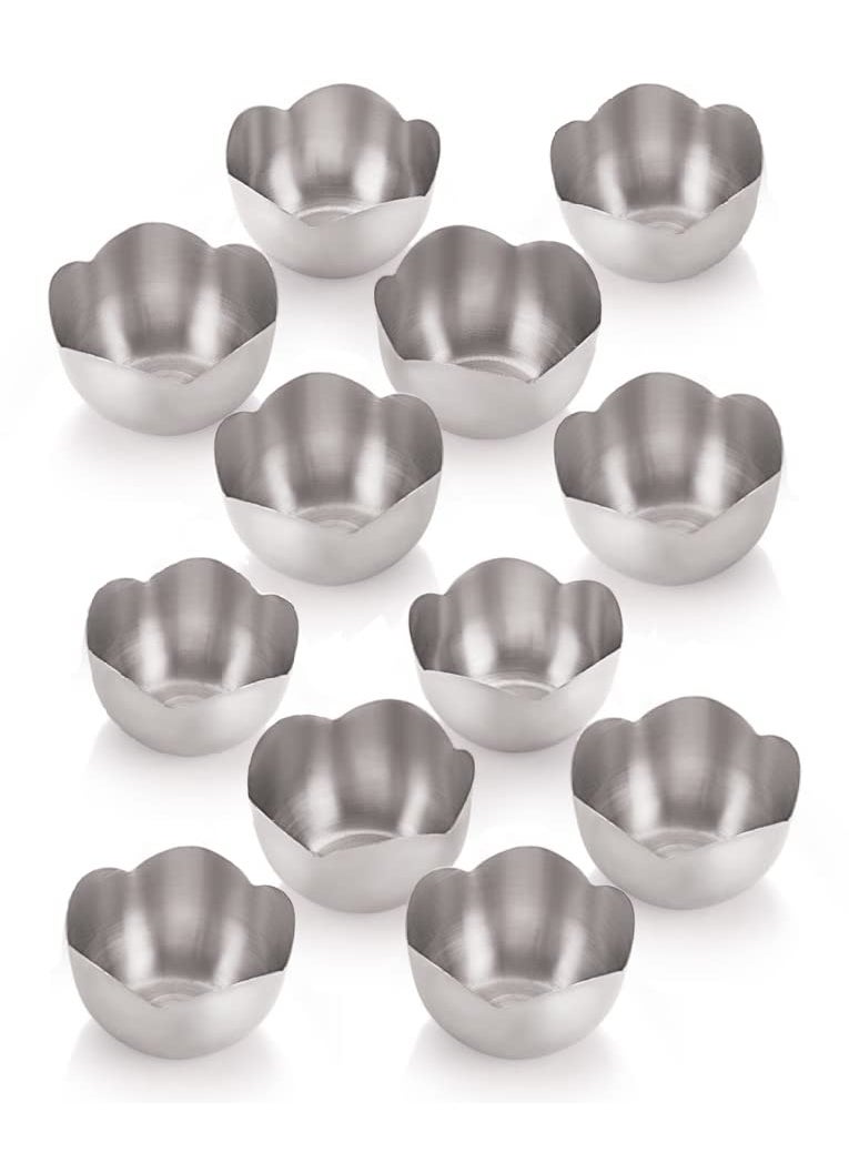 FINALITY FINALITY Stainless Steel Flower Shape Serving Desert Bowl ice Cream Bowl Sabji Bowl Dal Bowl with Cut Spoon Color Silver Size 10 cm Set of 12 Pcs  - Image 3