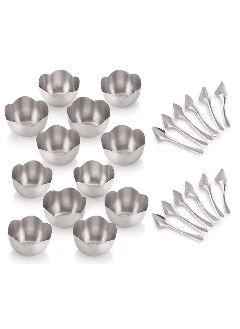 FINALITY FINALITY Stainless Steel Flower Shape Serving Desert Bowl ice Cream Bowl Sabji Bowl Dal Bowl with Cut Spoon Color Silver Size 10 cm Set of 12 Pcs  - Image 1