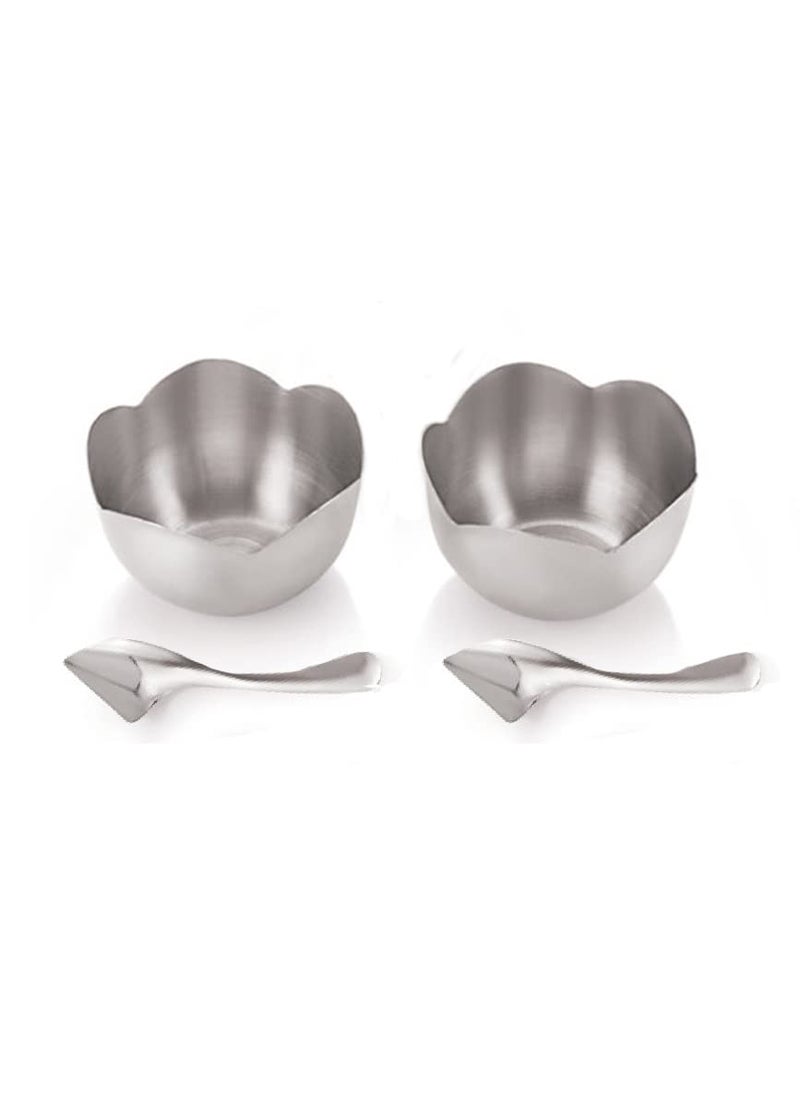 FINALITY FINALITY Stainless Steel Flower Shape Serving Desert Bowl ice Cream Bowl Sabji Bowl Dal Bowl with Cut Spoon Color Silver Size 10 cm Set of 12 Pcs  - Image 4