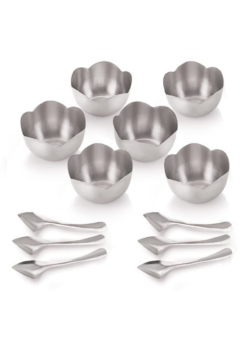 FINALITY FINALITY Stainless Steel Flower Shape Serving Desert Bowl ice Cream Bowl Sabji Bowl Dal Bowl with Cut Spoon Color Silver Size 10 cm Set of 12 Pcs  - Image 2