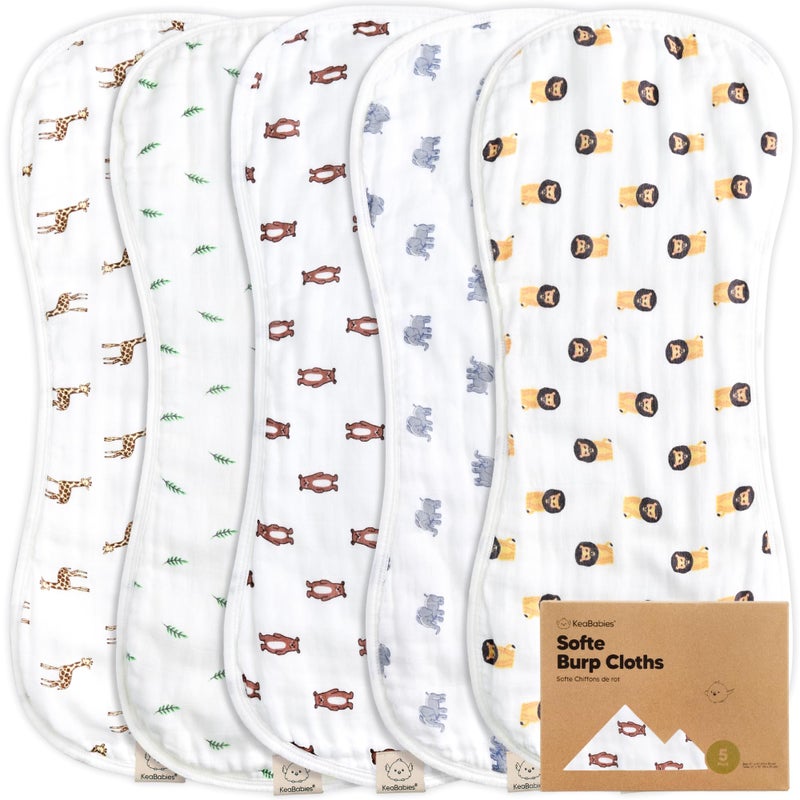 KeaBabies 5Pack Muslin Burp Cloths Baby Boy Girl Very Absorbent Baby Burp Cloth Rags 8Layers Viscose Derived from Bamboo Cotton Muslin Towel Super Soft Spit Up Rags No Shrink Washcloths The Wild 