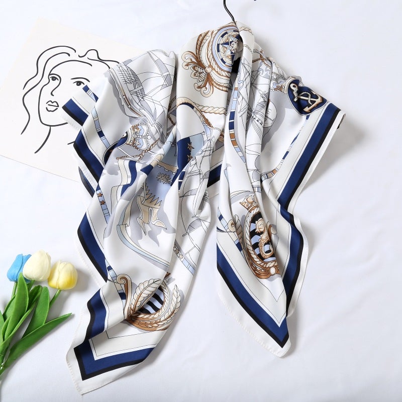 Wholesale spring and summer Japanese and Korean sweet all-match high-end fashion silk white printing ladies sunshade silk scarf Nautical Blue