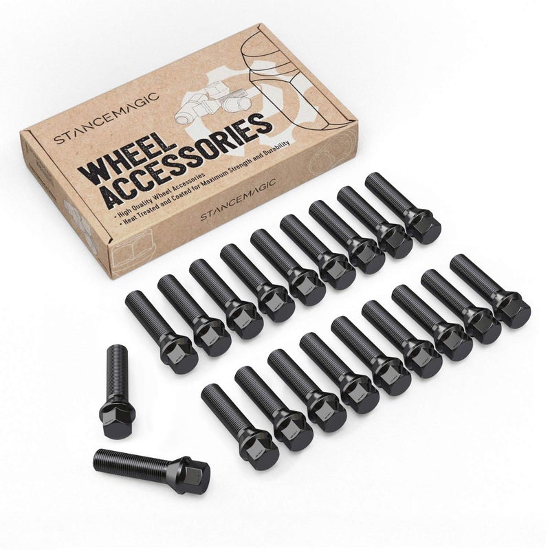 StanceMagic 20 قطعة براغي لوج سوداء ممتدة 14x1.25 (طول الساق 48 مم - ليس طول OEM، مقعد مخروطي) متوافقة مع BMW 228i 320i 328i 335i 428i 435i 528i 535i 535d 550i F10 F30 640i M3 M4 M5 M6 X3 X5 - Image 1