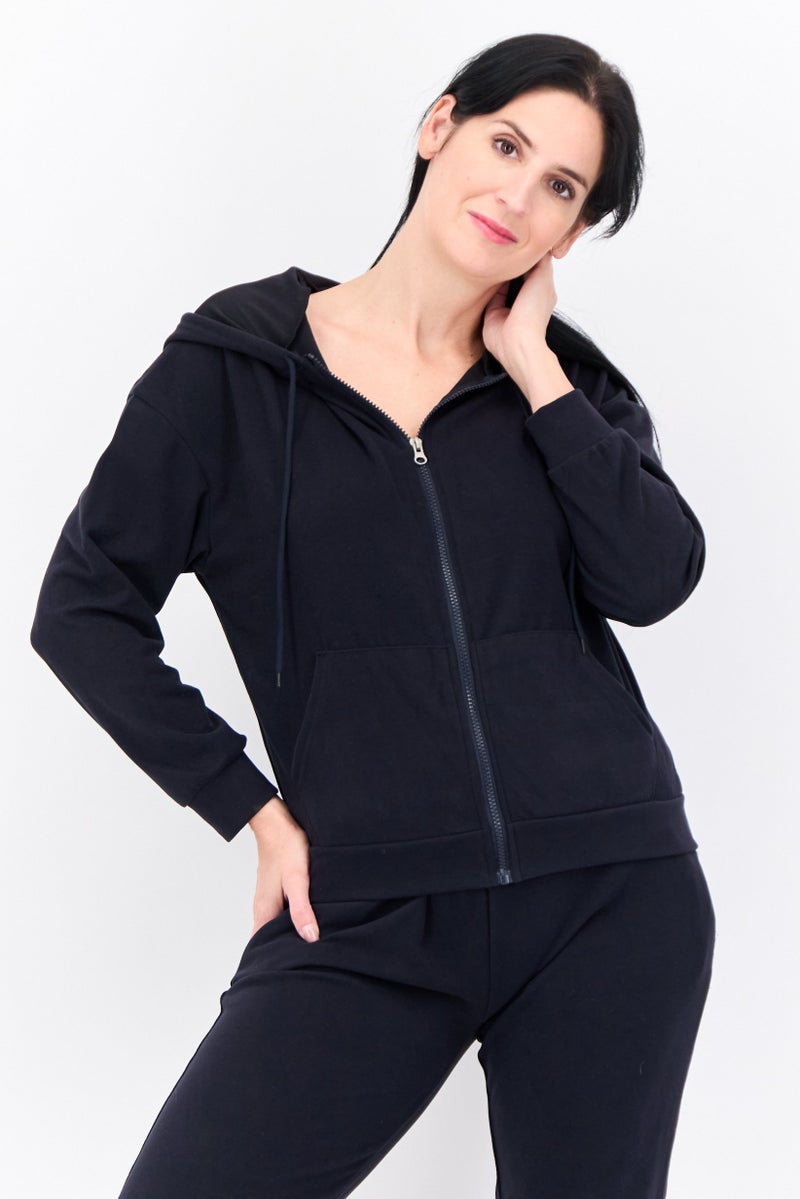 Buzz Women 2 Piece Solid Fleece Sweatshirts And Jogger Pants Set, Deep Navy  - Image 2