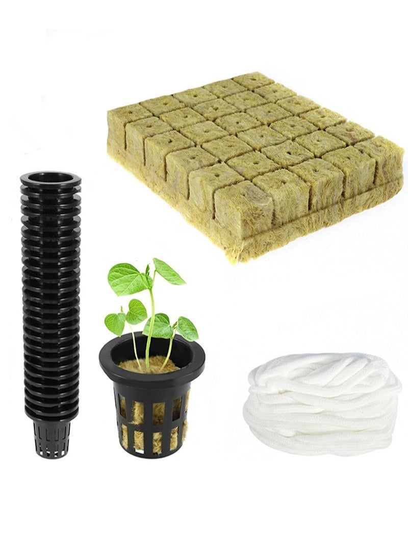 57 Pcs Hydroponics Mesh Net Cup Kit，26 Pcs Slotted Mesh Net Pot Cups，30 Pcs 2.5*2.5*4cm Stonewool Starter Plugs，10m Article Self Watering Cotton Wick Cord for Hydroponics - Image 1
