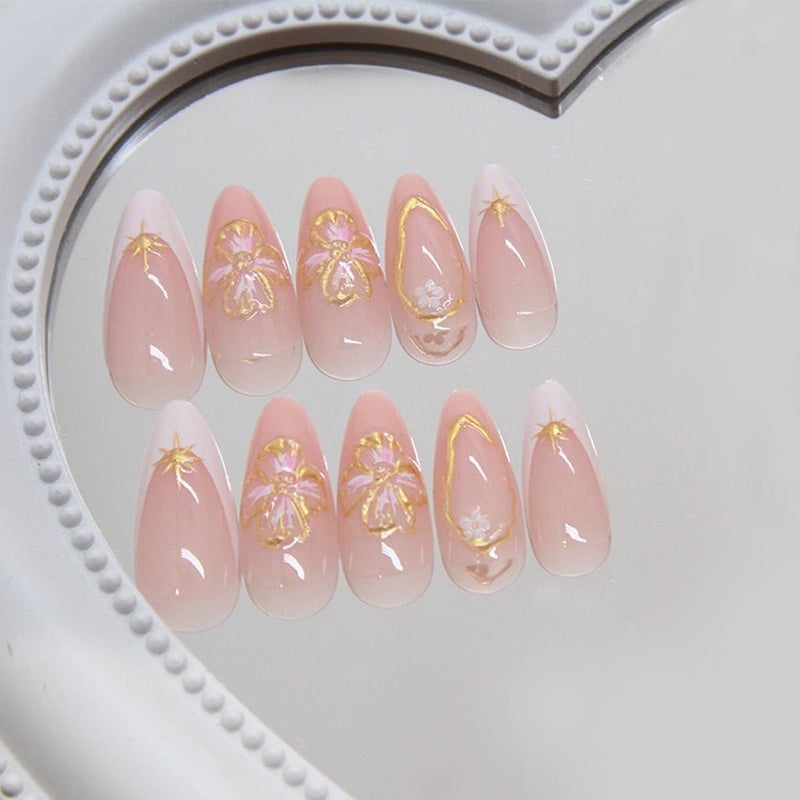 CTTHNBD Medium Press on Nails Almond - White French Tip Fake Nails with Flower Design - Gold Stripes Stick on False Nails for Women 24 Pcs - Image 3