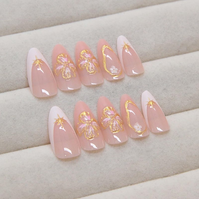 CTTHNBD Medium Press on Nails Almond - White French Tip Fake Nails with Flower Design - Gold Stripes Stick on False Nails for Women 24 Pcs - Image 4