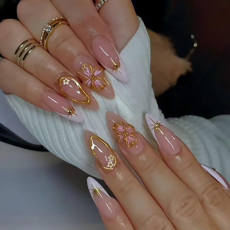 CTTHNBD Medium Press on Nails Almond - White French Tip Fake Nails with Flower Design - Gold Stripes Stick on False Nails for Women 24 Pcs - Image 1