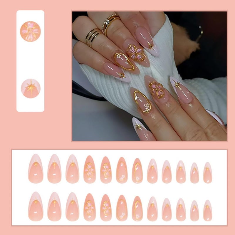 CTTHNBD Medium Press on Nails Almond - White French Tip Fake Nails with Flower Design - Gold Stripes Stick on False Nails for Women 24 Pcs - Image 2