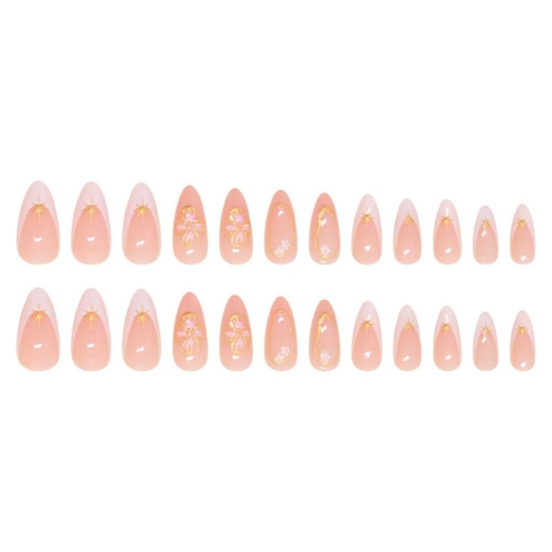 CTTHNBD Medium Press on Nails Almond - White French Tip Fake Nails with Flower Design - Gold Stripes Stick on False Nails for Women 24 Pcs - Image 5