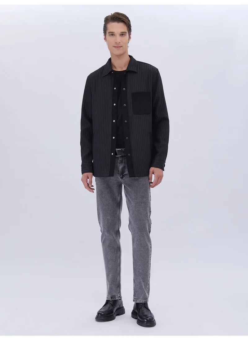 Kip Black Plain Regular Fit Woven Overshirt