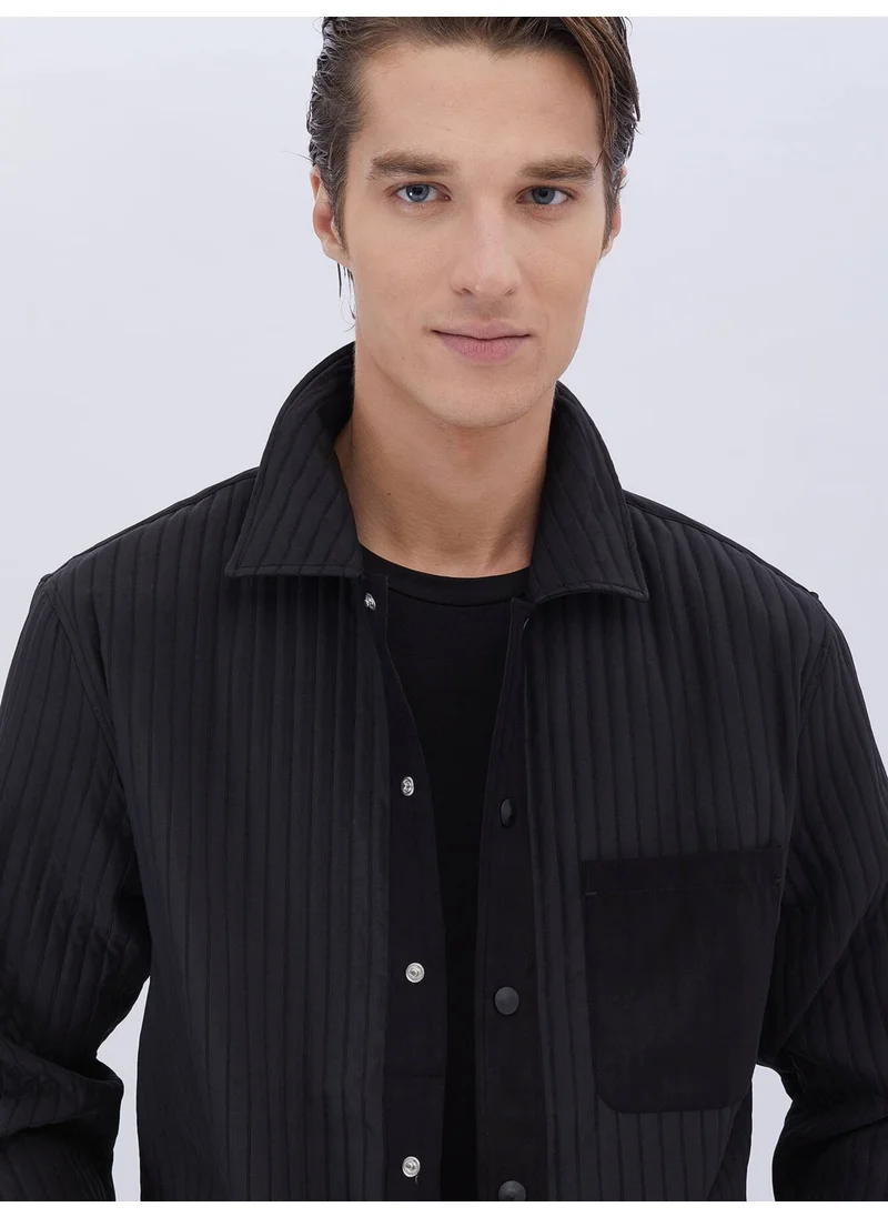 Kip Black Plain Regular Fit Woven Overshirt