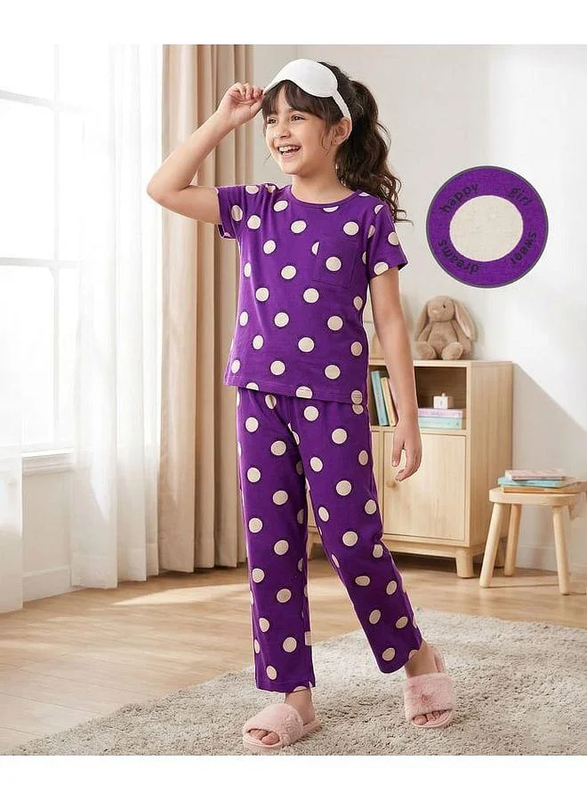 Pine Kids Pine Kids Single Jersey Knit Half Sleeves Co-Ords Pajama Set with Polka Dot Print - Purple